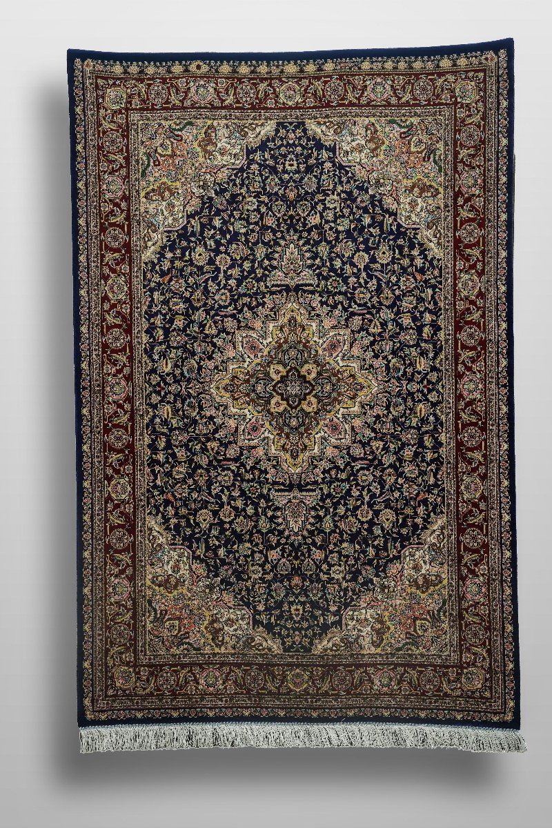 Navy Floral Medallion Silk Rug