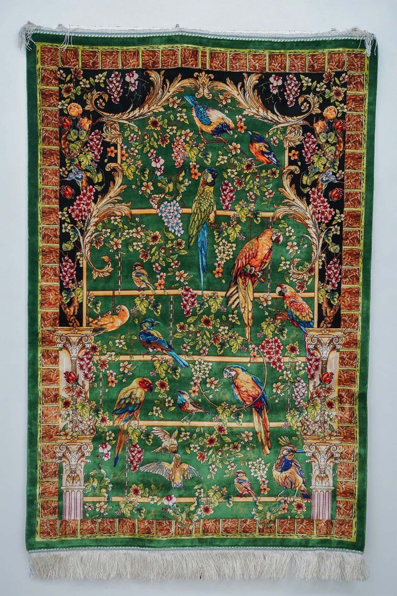 Green Floral Aviary Silk Rug
