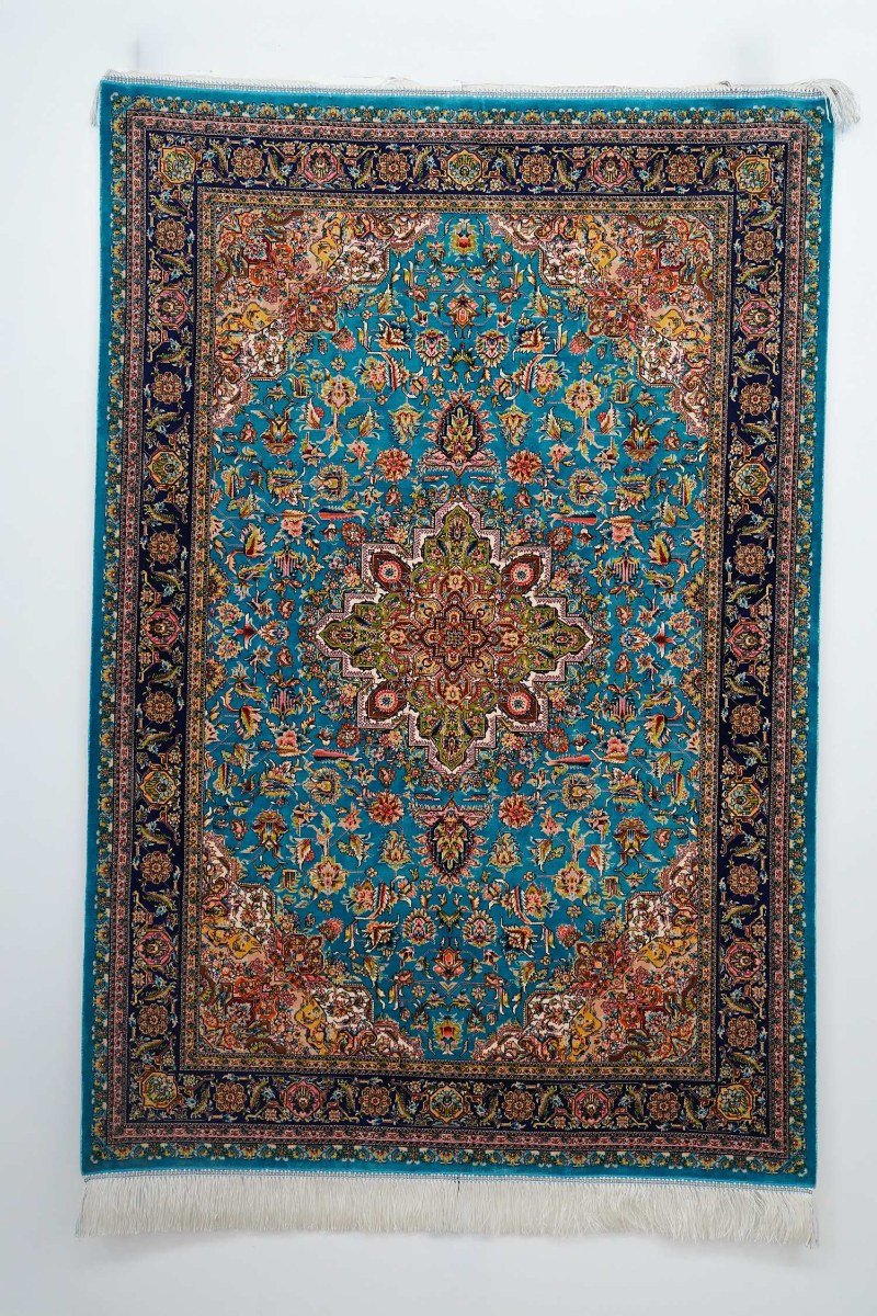 Turquoise Gold Medallion Silk Rug
