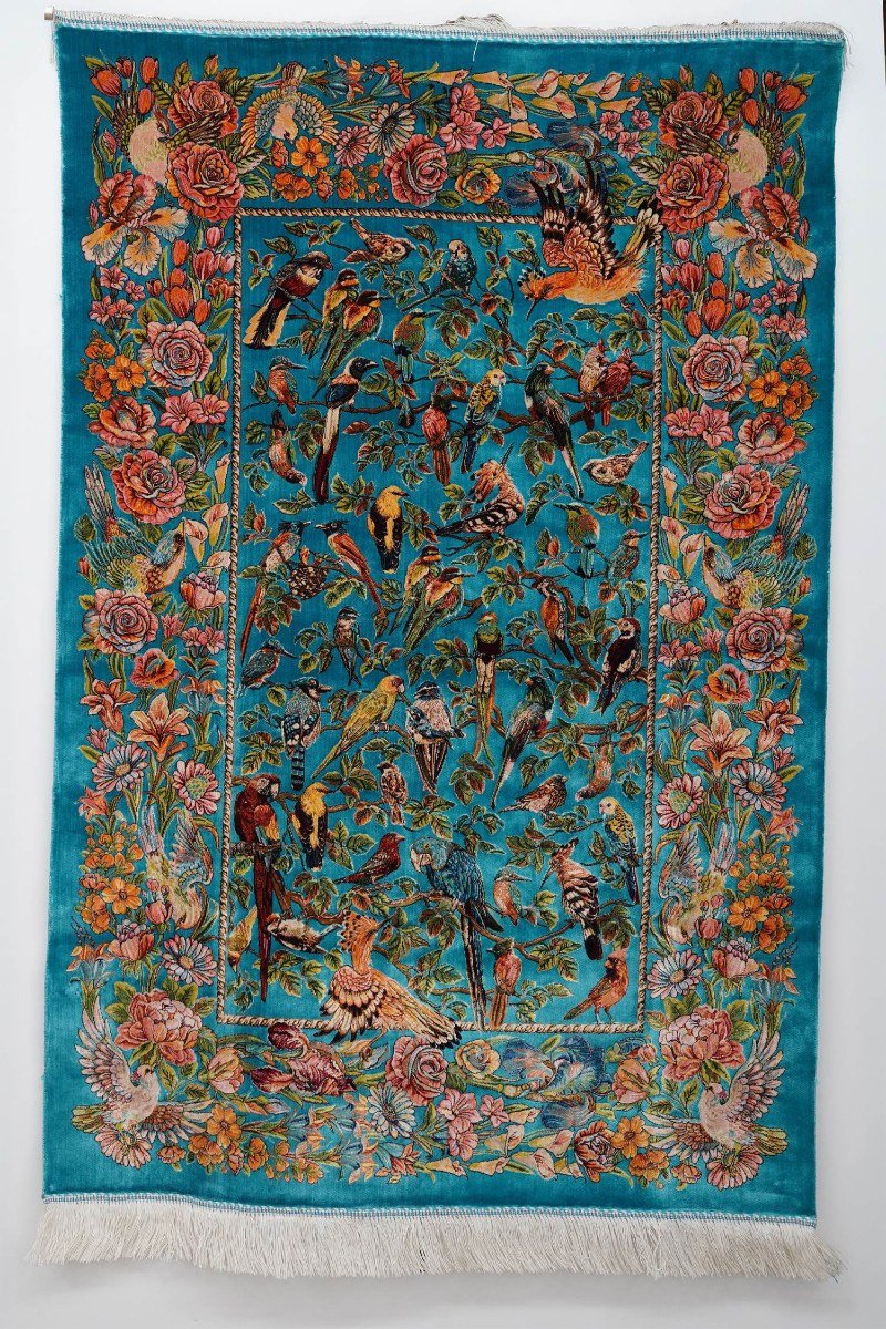 Teal Birds of Paradise Silk Rug