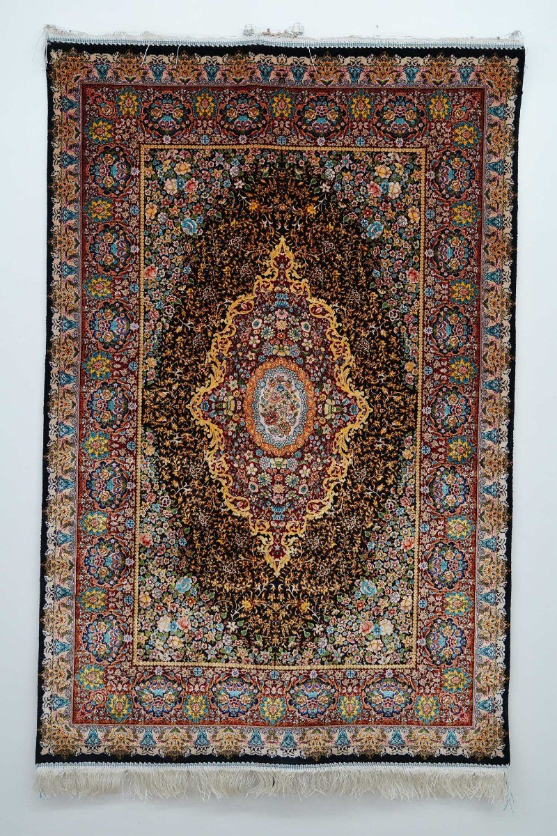 Black Crimson Medallion Silk Rug