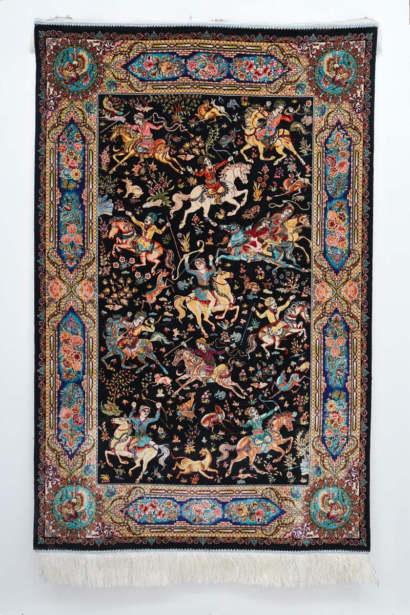 Black Hunting Scene Silk Rug