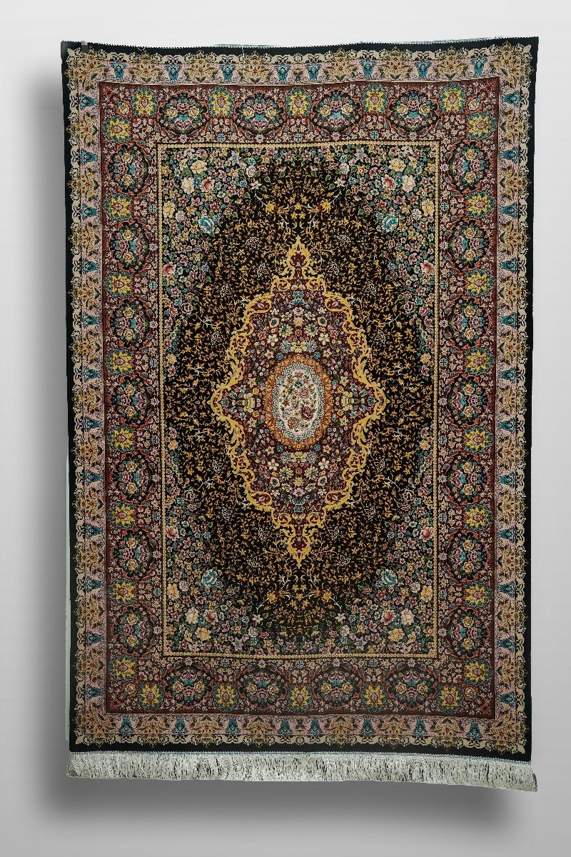 Black Floral Medallion Silk Rug
