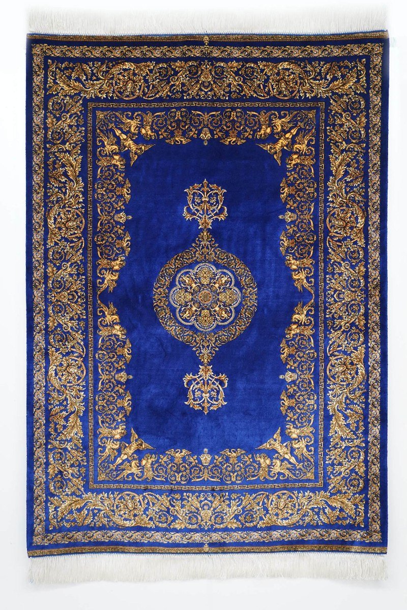 Royal Blue Gold Medallion Silk Rug