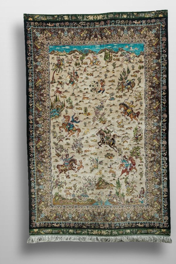 Ivory Desert Hunt Silk Rug