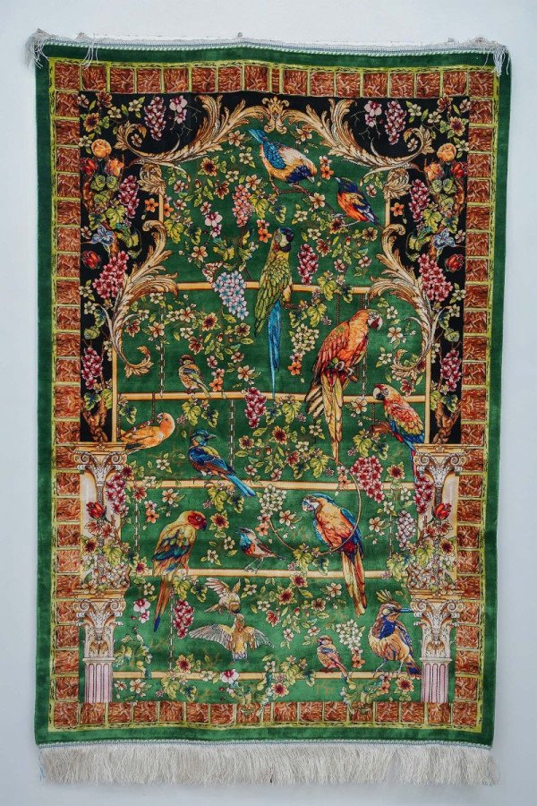 Green Floral Aviary Silk Rug