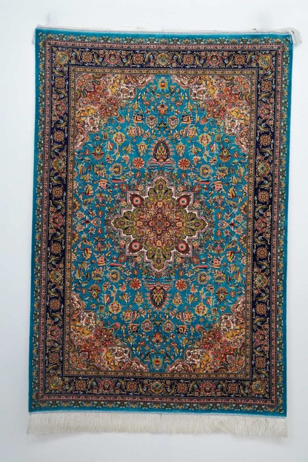 Turquoise Gold Medallion Silk Rug