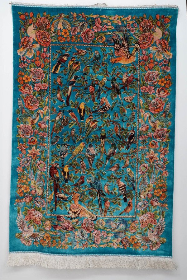 Teal Birds of Paradise Silk Rug