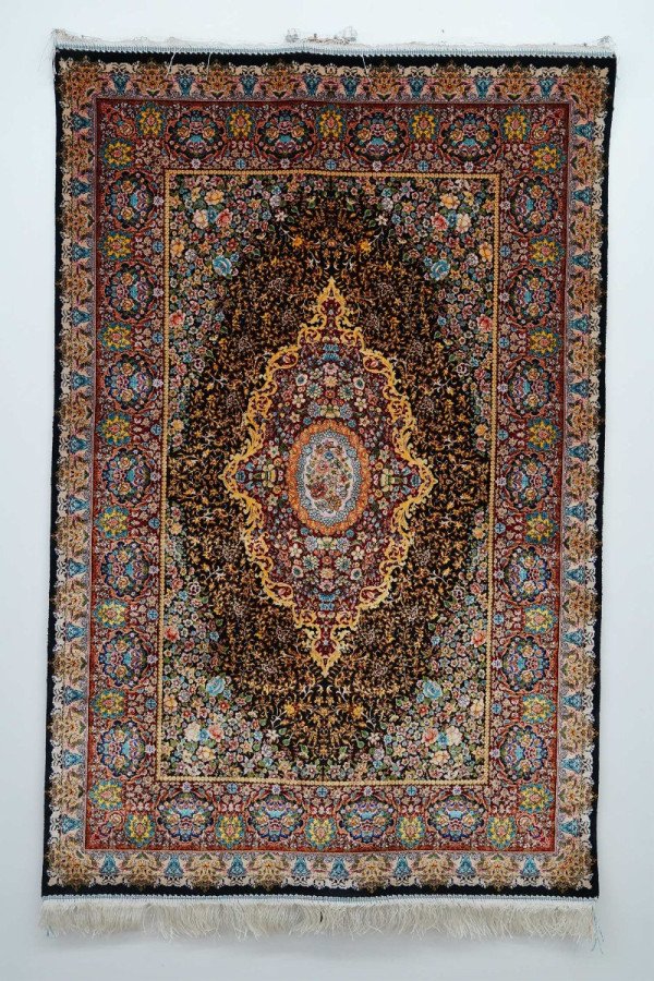 Black Crimson Medallion Silk Rug