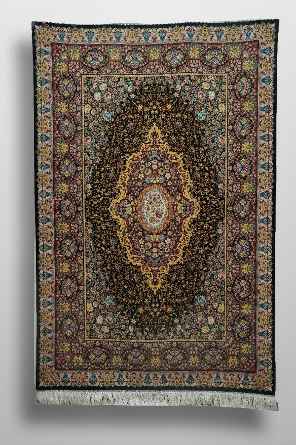 Black Floral Medallion Silk Rug