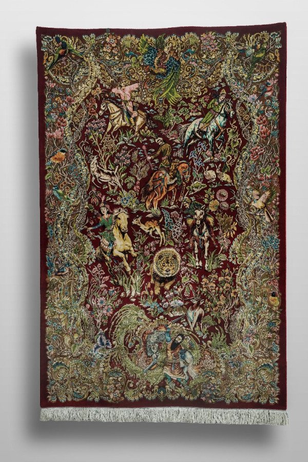 Burgundy Royal Hunt Scene Silk Rug