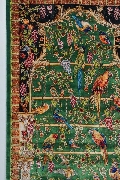 Green Floral Aviary Silk Rug — 4