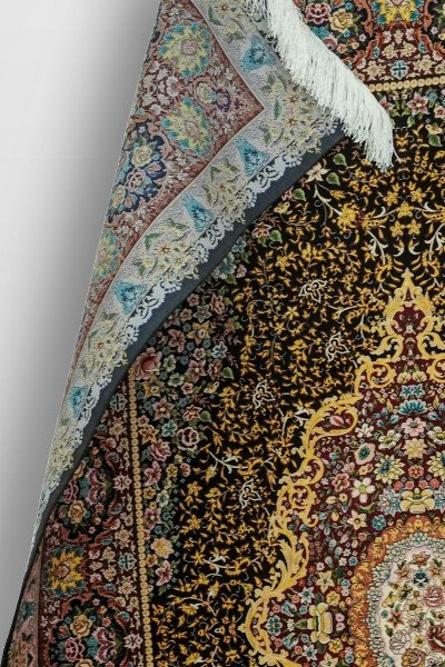 Black Floral Medallion Silk Rug — 3