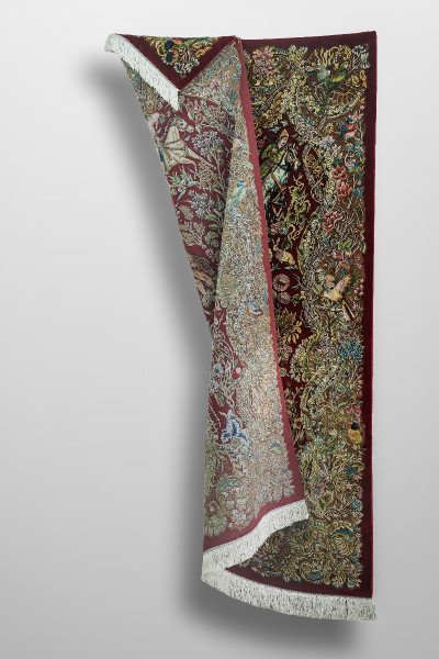 Burgundy Royal Hunt Scene Silk Rug — 3