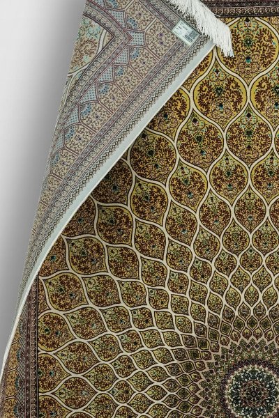 Golden Cream Medallion Silk Rug — 3