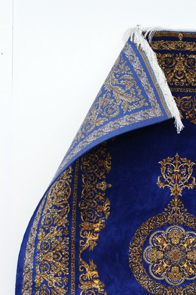 Royal Blue Gold Medallion Silk Rug — 4