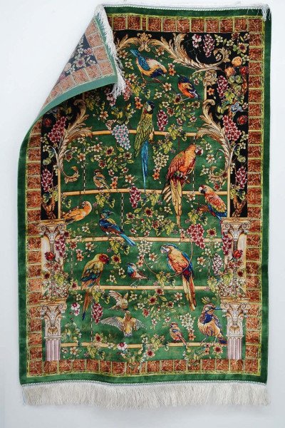 Green Floral Aviary Silk Rug — 2