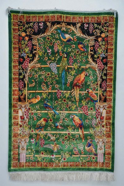 Green Floral Aviary Silk Rug — 1