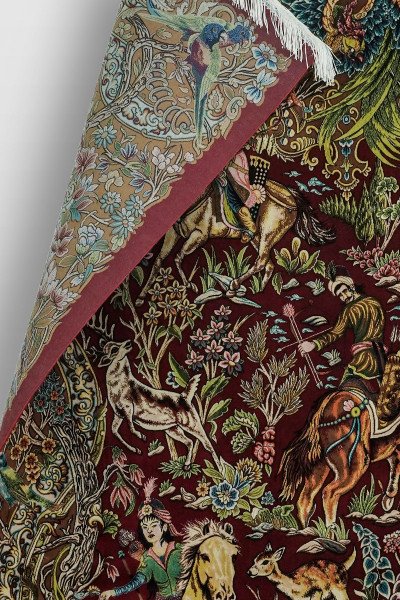 Burgundy Royal Hunt Scene Silk Rug — 4