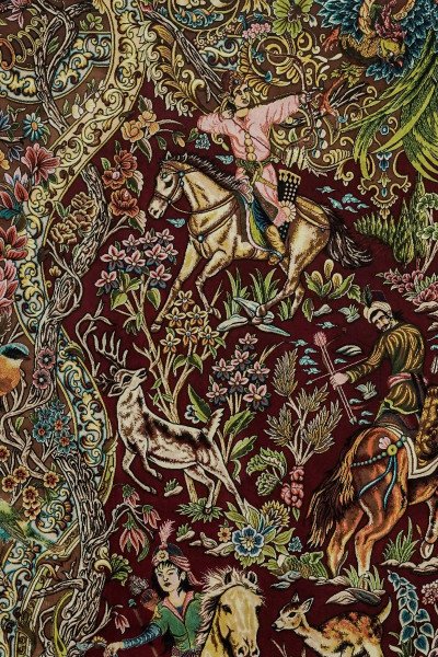 Burgundy Royal Hunt Scene Silk Rug — 5
