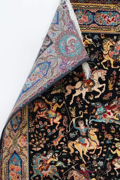 Black Hunting Scene Silk Rug — 5