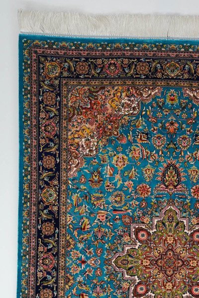 Turquoise Gold Medallion Silk Rug — 4