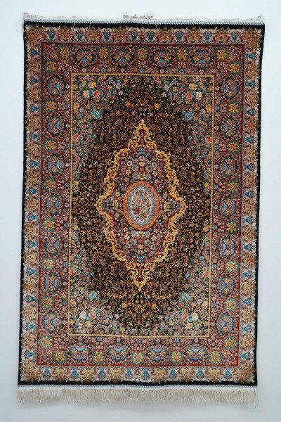 Black Crimson Medallion Silk Rug — 1