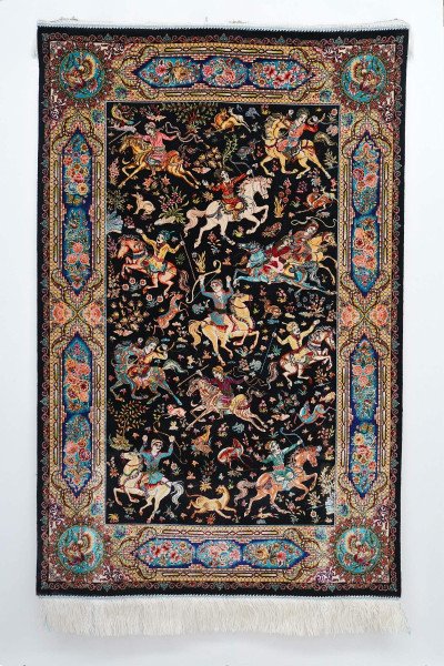 Black Hunting Scene Silk Rug — 1