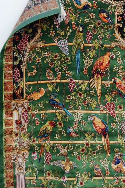 Green Floral Aviary Silk Rug — 5