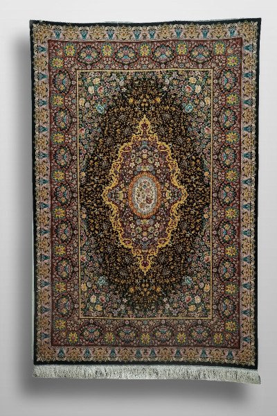 Black Floral Medallion Silk Rug — 1