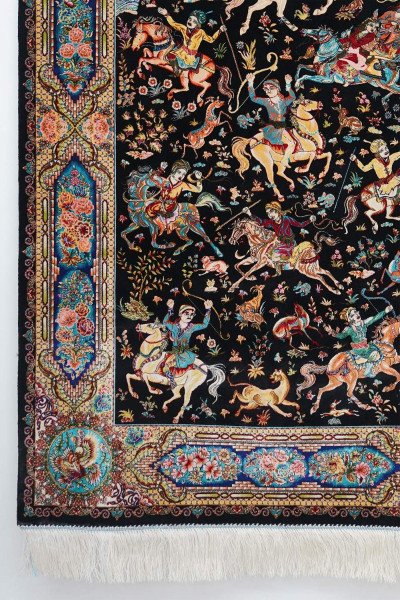 Black Hunting Scene Silk Rug — 4