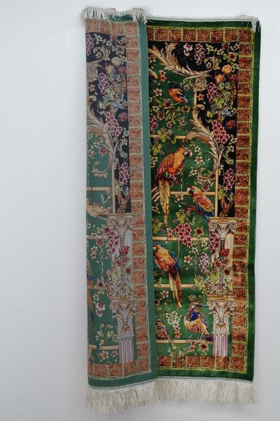 Green Floral Aviary Silk Rug — 3