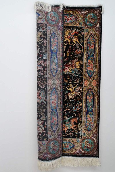 Black Hunting Scene Silk Rug — 3