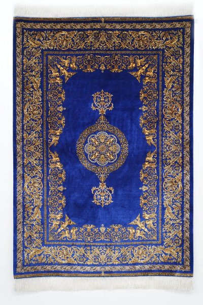 Royal Blue Gold Medallion Silk Rug — 1