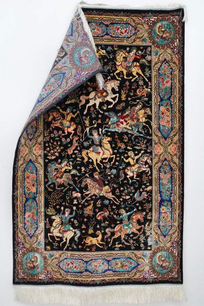 Black Hunting Scene Silk Rug — 2