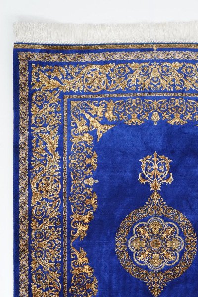 Royal Blue Gold Medallion Silk Rug — 5