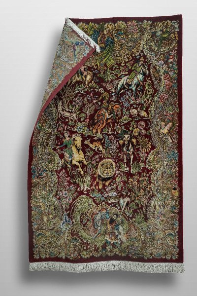 Burgundy Royal Hunt Scene Silk Rug — 2