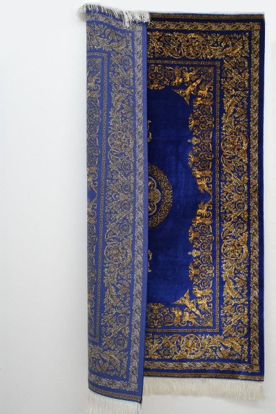 Royal Blue Gold Medallion Silk Rug — 3