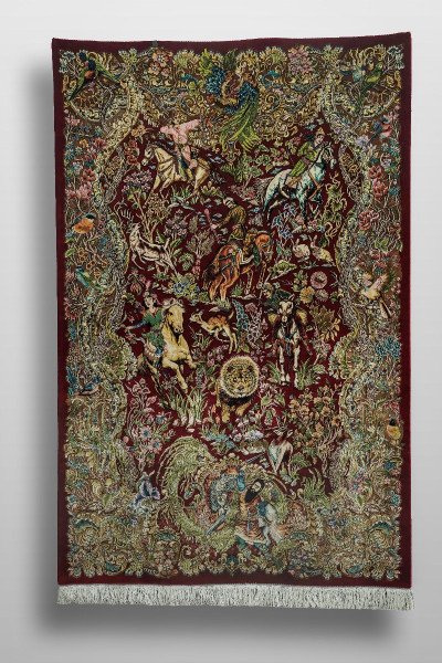 Burgundy Royal Hunt Scene Silk Rug — 1