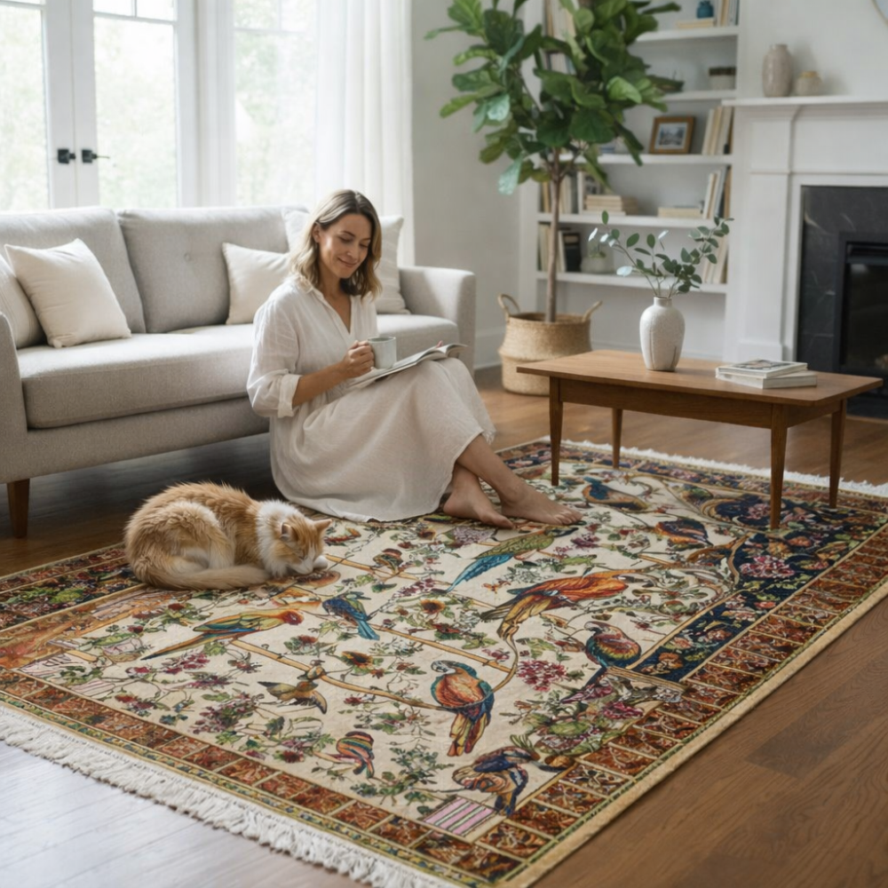 Royal Garden Birds Silk Rug